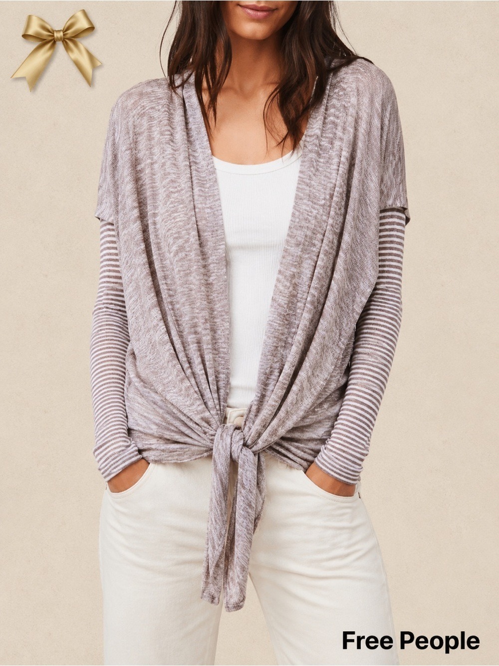 Free People Hooded Knit Cardigan Lightweight Marbled Brown Cream Size Large